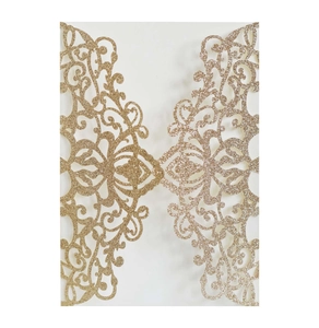 Invitation mariage pailletée or champagne découpée au laser avec motifs floraux fins