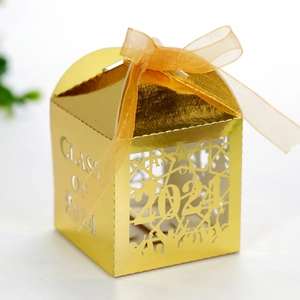 Detailed laser-cut Class of 2024 graduation gift box with gold foil and ribbon bow