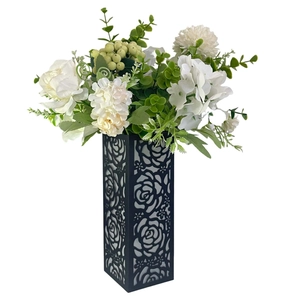 Elegant black hollow rectangle candle holder with artificial white rose bouquet
