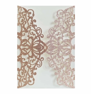 Élégante invitation de mariage découpée au laser en paillettes or rose à motifs floraux