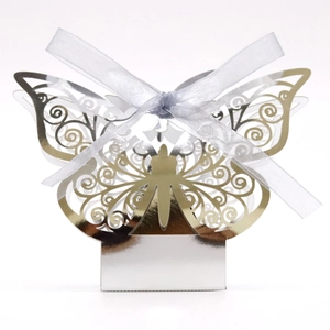 Silver mirror butterfly candy box with laser-cut hollow patterns and satin ribbon bow