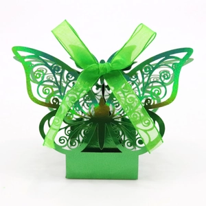 Laser cut green butterfly candy box with mirror finish and elegant sheer ribbon bow