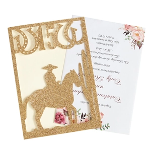 Χρυσή πρόσκληση glitter laser-cut με λατινικό αριθμό XV και σιλουέτα καουμπόη σχέδιο