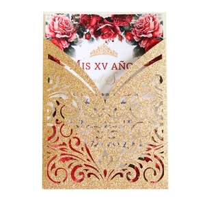 Golden laser cut Quinceañera invitation with glitter floral hollow and red roses design