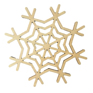 Laser-cut wooden snowflake coaster with intricate geometric pattern on white background