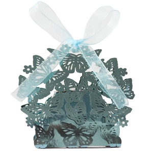 Hollow butterfly candy box in tiffany blue pearlescent paper with light blue ribbon