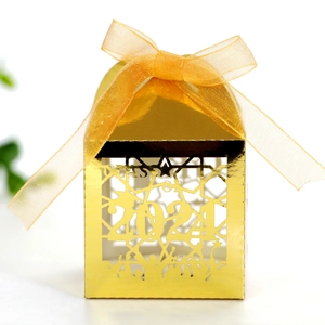 Elegant gold hollowed Class of 2024 graduation candy boxes with organza ribbons