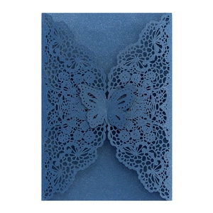 Navy blue glitter laser cut lace wedding invitation with 3D butterfly decoration