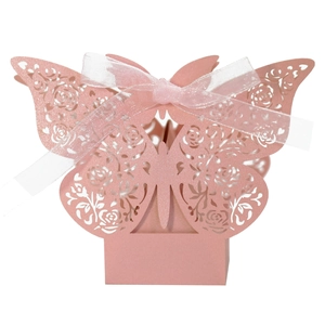 Elegant laser-cut pink butterfly candy gift box with white silk ribbon for wedding decoration