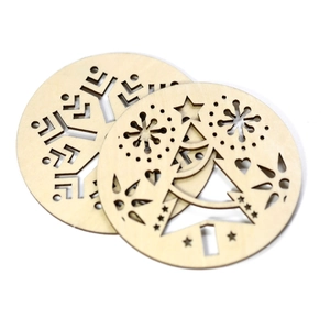 Laser cut wooden Christmas coasters set featuring snowflake and tree designs on white background