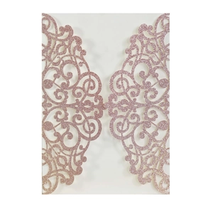 Couverture d'invitation rose doré à paillettes découpée au laser avec motifs ajourés fins