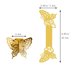 Detailed dimensions of a golden butterfly napkin ring with laser-cut rose patterns