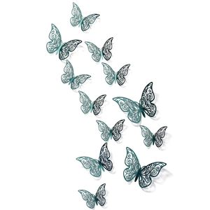 3D metallic teal butterfly wall stickers with intricate hollow patterns for home decor