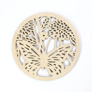 Laser cut round wooden butterfly coaster with floral hollow pattern for table decor