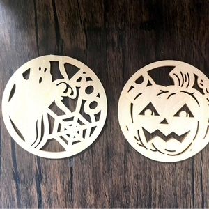 Halloween Round Wood Coasters Laser Cut Pumpkin Ghost Boo Pattern Heat Insulating Table Mats Festive Party Home Decor