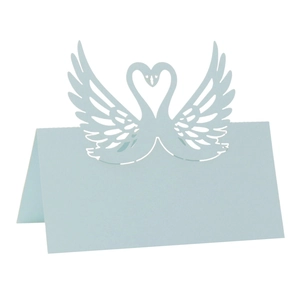 Elegant light blue laser-cut swan place cards for weddings with a heart-shaped design