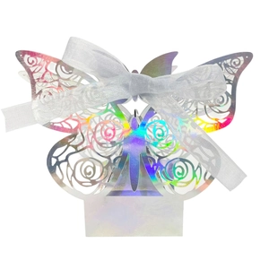 Laser cut butterfly candy box with rose pattern and holographic finish for weddings