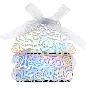 Scatola di Caramelle Rosa Intagliata a Laser Con Fiocco in Nastro Scatole Regalo in Carta Perla Artificialta Metallica Per Matrimonio