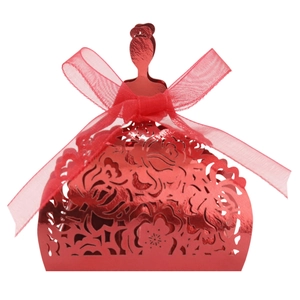 Elegant red laser-cut girl silhouette favor box with rose patterns and ribbon bow