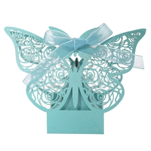 Elegant light blue laser-cut butterfly gift box with ribbon for wedding candies