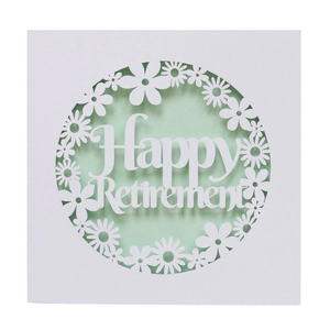 Laser-cut Happy Retirement invitation card with white floral pattern on pearlescent paper
