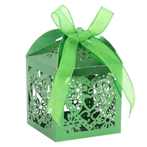 Laser cut heart hollow gift candy box in green metallic finish with ribbon bow