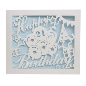 Minimalist laser-cut Happy 21st Birthday card with balloon and gift box patterns