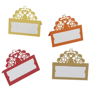 Hollow turkey Thanksgiving place cards in gold orange and red for autumn table settings