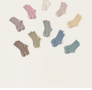 Close-up of ribbed cotton crew socks for girls in 10 Morandi colors with soft texture
