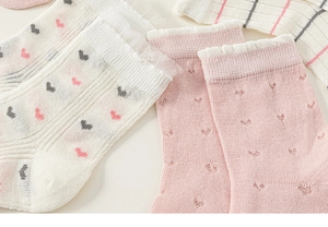 Détail des chaussettes d'été en maille pour filles avec bordure dentelle et motifs cœurs