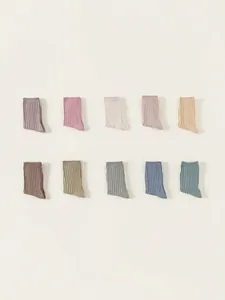 Set of 10 solid color ribbed knit mid-calf socks for girls in soft Morandi shades