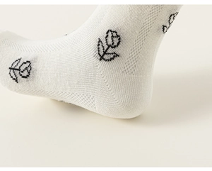 Gros plan sur les chaussettes en résille blanche pour enfants avec motifs de tulipes