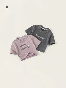 T-Shirt en Coton à Manches Courtes pour Filles Avec Broderie de Lettres et Imprimé Top d'Été Décontracté à Col Rond pour Enfants