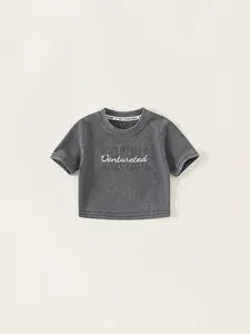 Haut court vintage gris pour filles avec broderie et texture coton douce