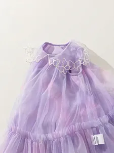 Robe princesse en tulle lilas pour filles avec broderie papillon blanche sur l'encolure