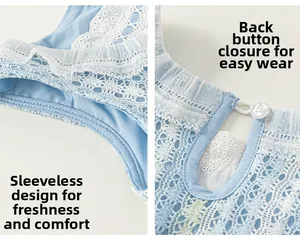 Détail d'une robe en dentelle bleu clair pour filles avec design sans manches et bouton