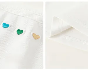 Détail du tissu tricoté blanc avec broderie de coeurs colorés et finitions de couture précises