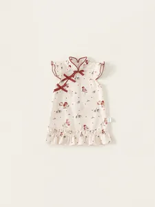 Abito da Bambina Estivo in Cotone in Stile Cinese Modificato Cheongsam Stampa Floreale Senza Maniche Bottone a Nodo Orlo a Volant