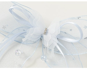Détail d'accessoire cheveux en résille bleu clair avec étoiles argentées et papillon blanc