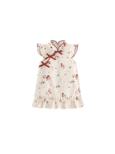 Abito cheongsam per bambine con stampa floreale, bottoni rossi e volant
