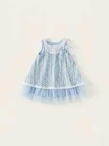 Robe sans Manches en Dentelle et Maille d'Été pour Filles Douce Princesse Tutu Bleu Robe de Fête pour Enfants Forme Trapèze Motif Floral