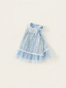 Robe trapèze en tulle bleu clair pour fille avec dentelle florale et nœud en ruban