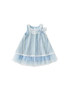 Robe trapèze élégante bleu clair sans manches pour fille avec dentelle florale et nœud