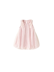 Abito rosa con paillettes per bambina con strati di tulle e fiocchi sulle spalle