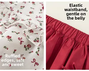Detail of floral ruffle trim and elastic waistband on girls summer two-piece outfit