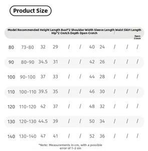 Detailed size chart for floral girls clothing set with measurements for heights 73-140cm
