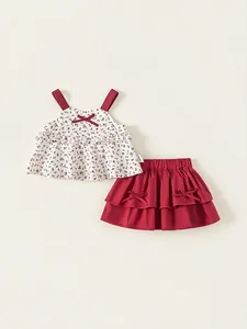 Girls Sweet Cotton Floral Two Piece Set Camisole Bow Top And Tiered Ruffled Skirt Summer Casual Outfits Red White