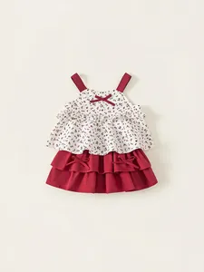 Girls floral bow top and red ruffled skirt two-piece summer outfit set for children