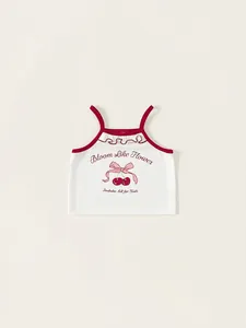 Camisole en Coton pour Filles Imprimé Doux Cerise Nœud Débardeur sans Manches Bordure Laitue Contrastée Vêtements d'Été