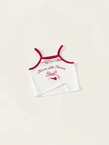 Débardeur blanc en coton pour filles avec bordure rouge et motif cerise
